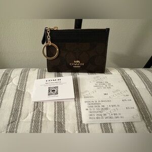 Coach Outlet Mini Skinny ID Card Case Signature Jacquard Walnut Brown Black Gold